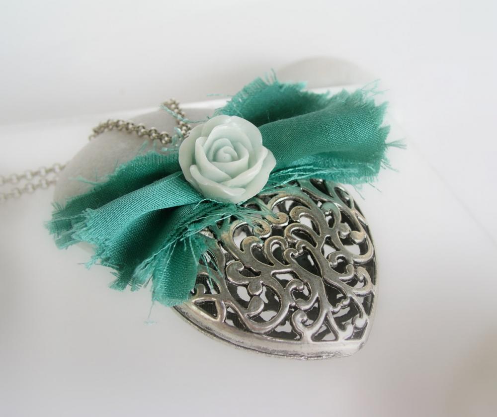 Silver Heart Pendant Decorated With Fabric And Resin Flower