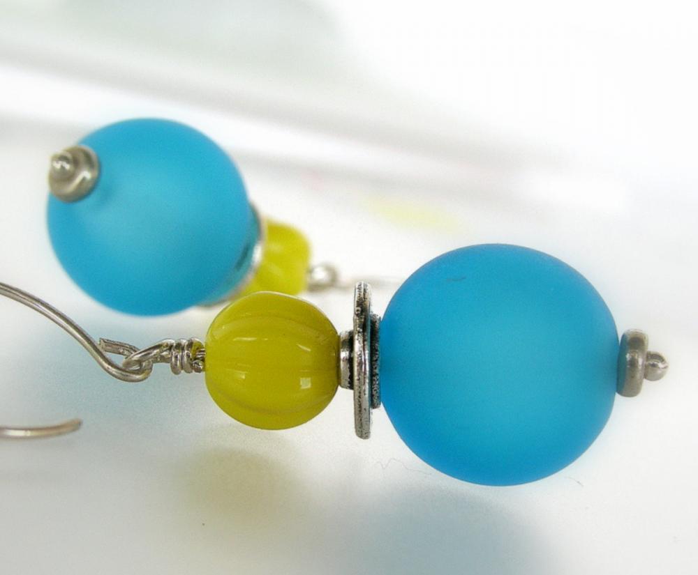 Turquoise And Yellow Glass On Sterling Silver Handmade Earwires