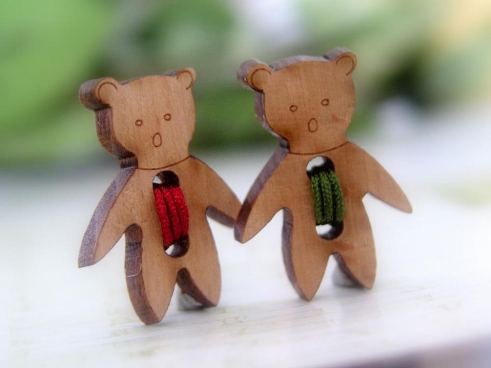 Wood Button Earrings Post Bear Shape