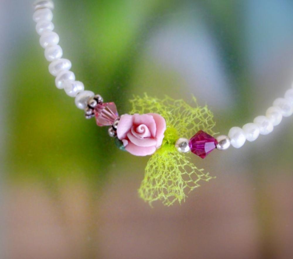 Floral Bracelet With Pearls Swarovski Tulle And Sterling Silver