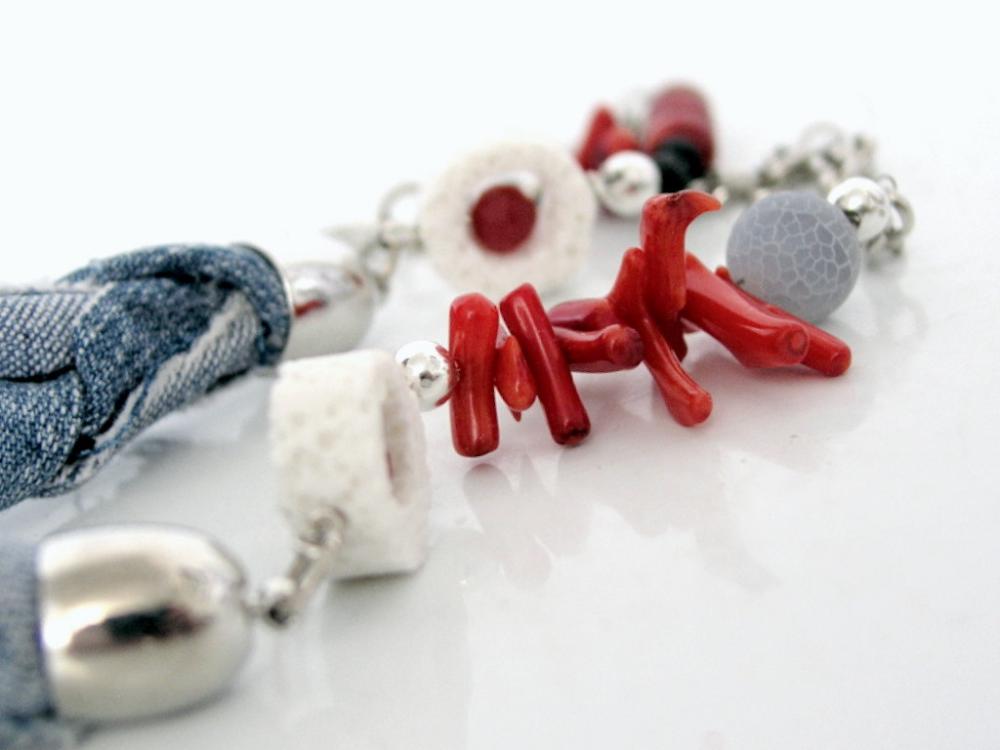 Mermaid Bracelet Recycled Denim Fabric With Lava And Coral Beads