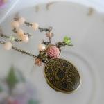Antique Bronze Etched Locket On Beaded Chain