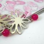 Fuchsia Glass Earrings Silver Plated Daisies On..